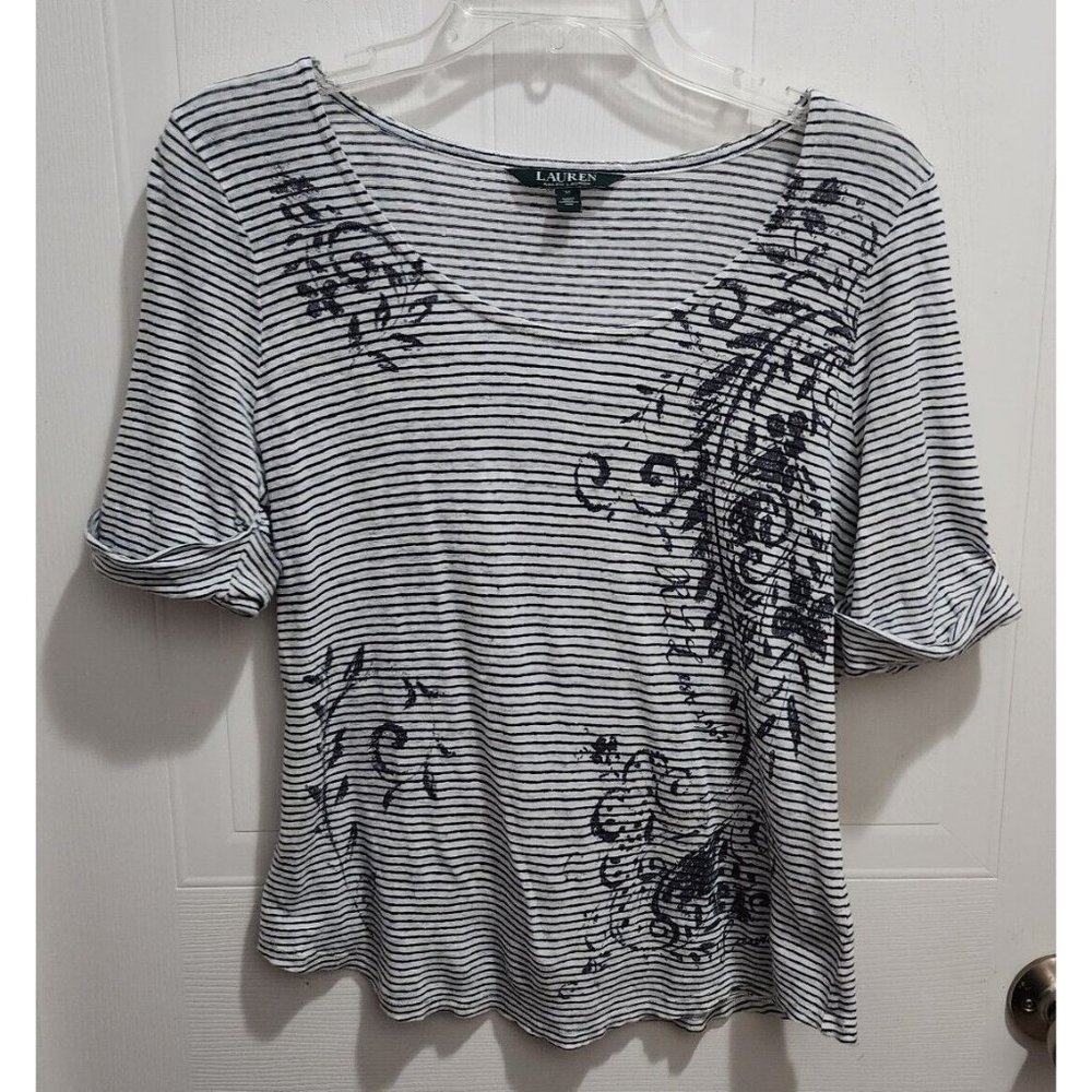 Lauren Ralph Lauren Women's Short Sleeve T Shirt Top 100% Linen Stripe/Floral M
